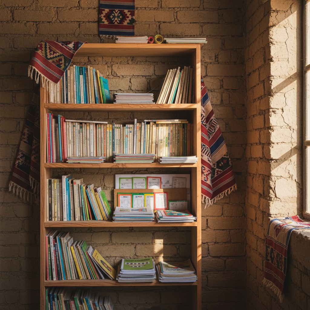 a four-tiered wooden bookshelf against a brick wall.